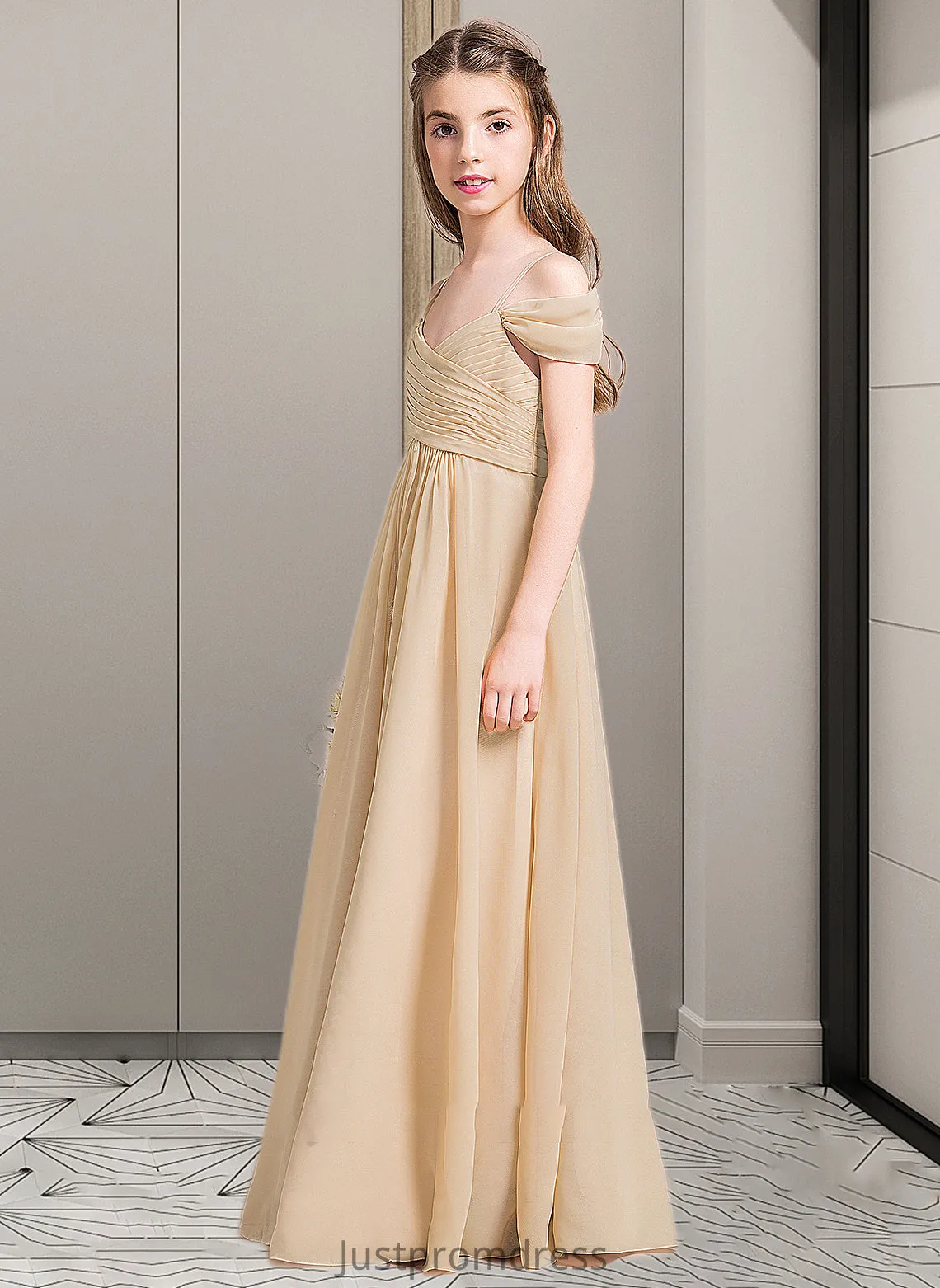 Jackie A-Line Off-the-Shoulder Floor-Length Chiffon Junior Bridesmaid Dress With Ruffle HHP0013595