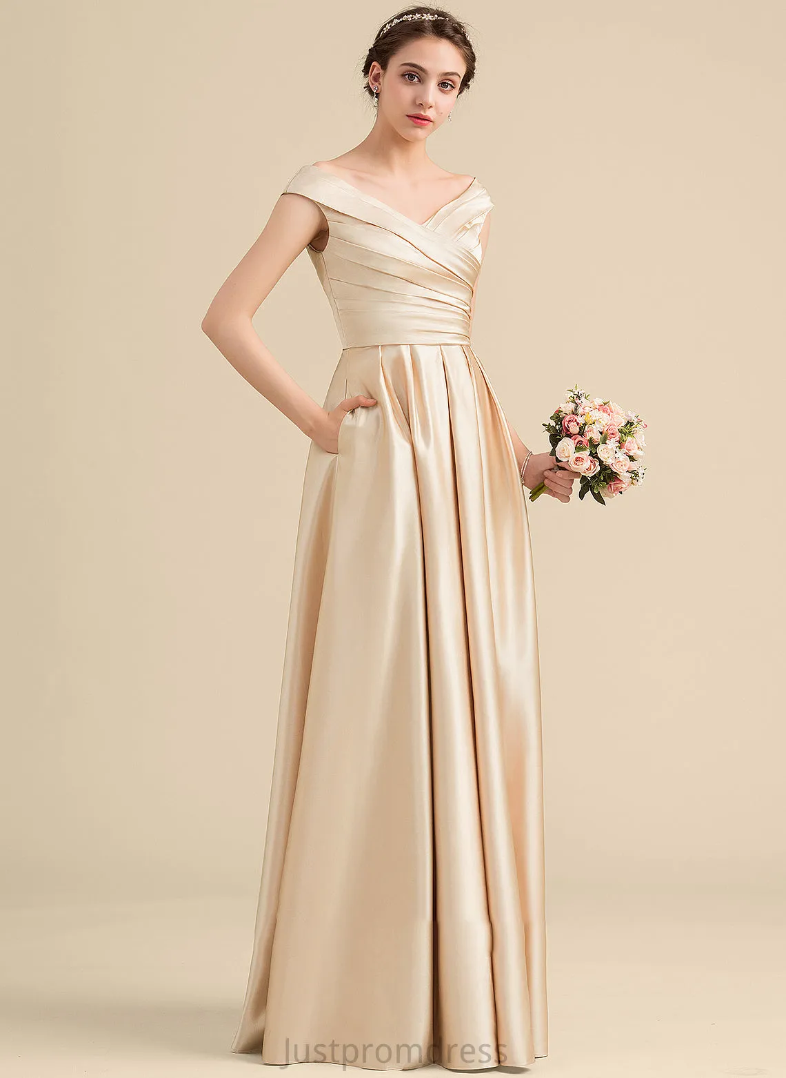 Length Neckline Fabric Ruffle Floor-Length Pockets A-Line Off-the-Shoulder Embellishment Silhouette Aliyah Natural Waist Bridesmaid Dresses