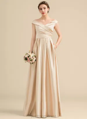 Length Neckline Fabric Ruffle Floor-Length Pockets A-Line Off-the-Shoulder Embellishment Silhouette Aliyah Natural Waist Bridesmaid Dresses