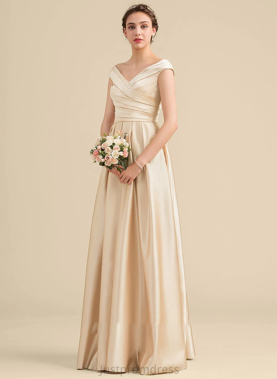 Length Neckline Fabric Ruffle Floor-Length Pockets A-Line Off-the-Shoulder Embellishment Silhouette Aliyah Natural Waist Bridesmaid Dresses