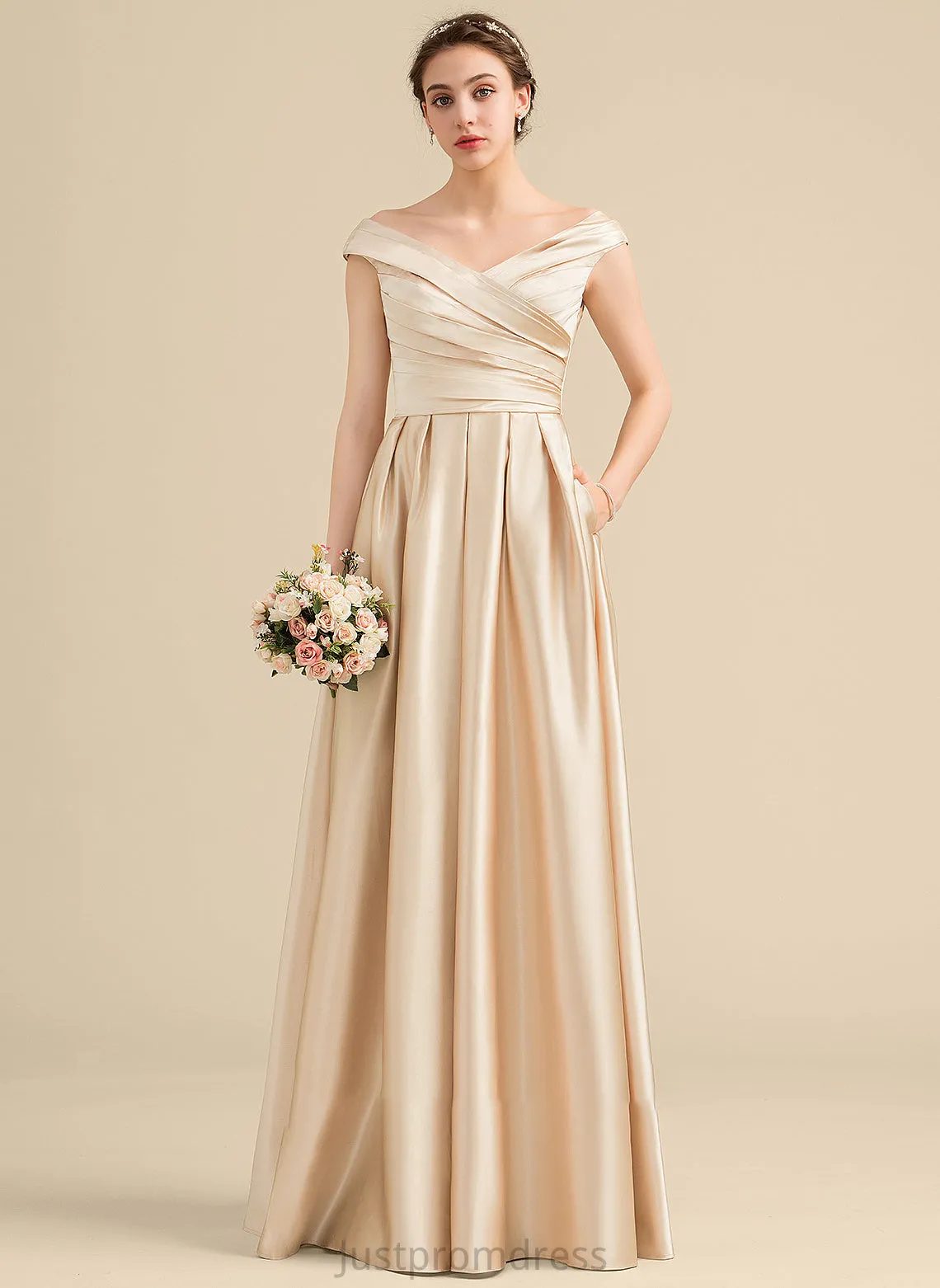Length Neckline Fabric Ruffle Floor-Length Pockets A-Line Off-the-Shoulder Embellishment Silhouette Aliyah Natural Waist Bridesmaid Dresses
