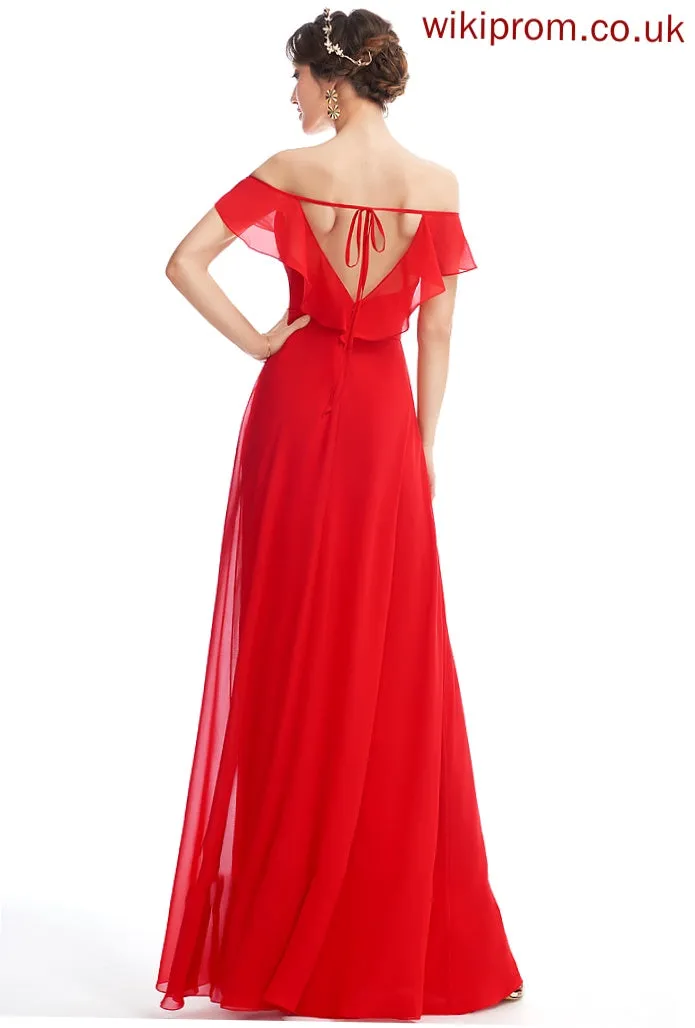 Length Silhouette Ruffle Floor-Length Neckline Embellishment A-Line Fabric SplitFront Off-the-Shoulder Yuliana Bridesmaid Dresses