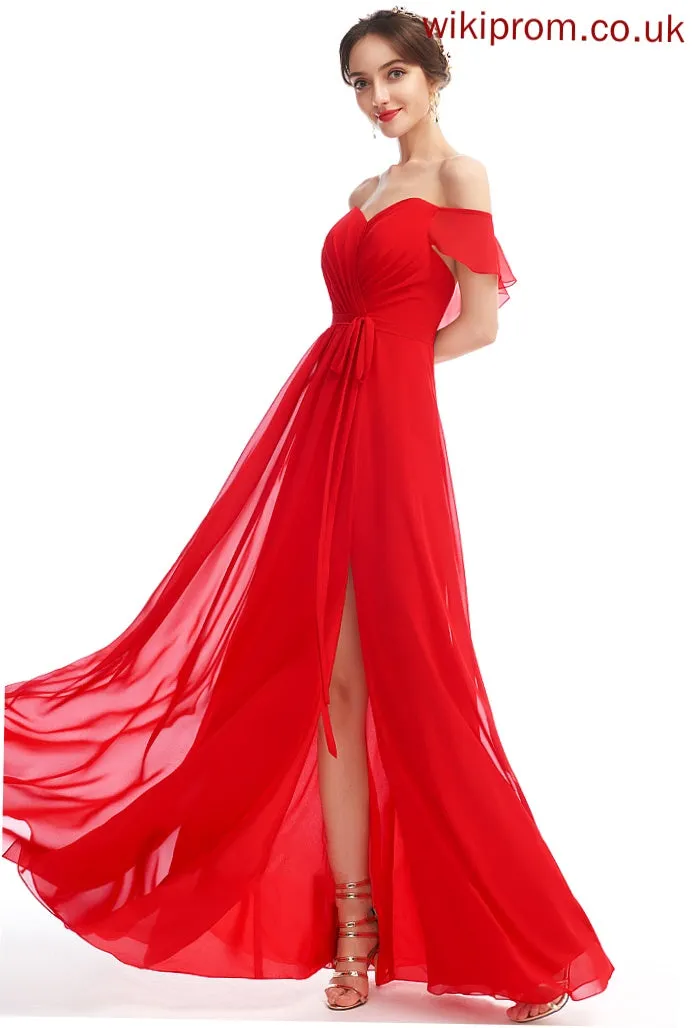 Length Silhouette Ruffle Floor-Length Neckline Embellishment A-Line Fabric SplitFront Off-the-Shoulder Yuliana Bridesmaid Dresses
