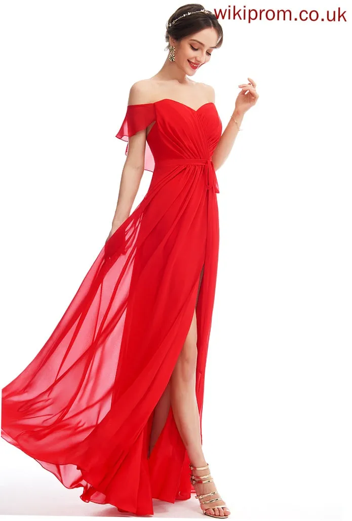Length Silhouette Ruffle Floor-Length Neckline Embellishment A-Line Fabric SplitFront Off-the-Shoulder Yuliana Bridesmaid Dresses