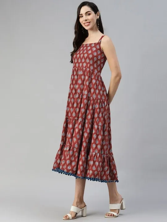 Maroon & Navy Blue Pure Cotton Ethnic A-Line Midi Dress For Women