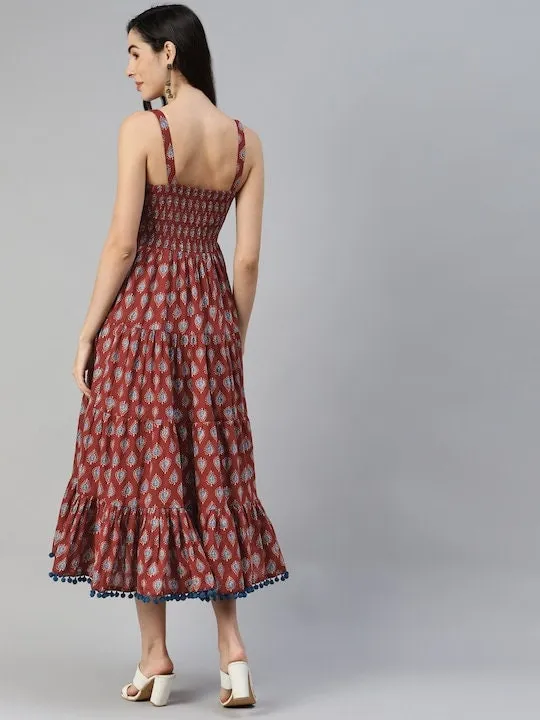 Maroon & Navy Blue Pure Cotton Ethnic A-Line Midi Dress For Women
