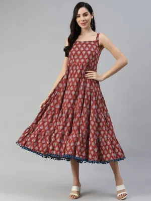 Maroon & Navy Blue Pure Cotton Ethnic A-Line Midi Dress For Women