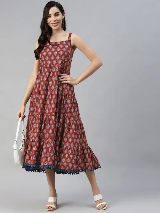 Maroon & Navy Blue Pure Cotton Ethnic A-Line Midi Dress For Women