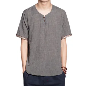 Mens Cotton Linen Retro T-shirt Round Neck Chinese Style Short Sleeve Loose Fit Top Tee