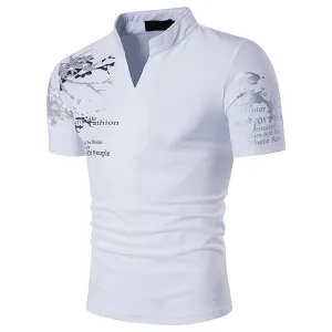 Mens Cotton Stylish Printed Stand Collar V-neck Short Sleeve Casual T-shirt
