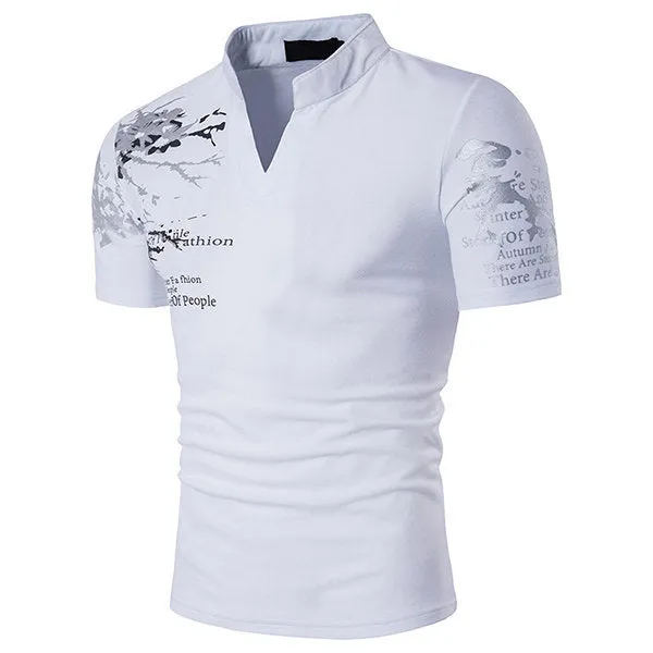 Mens Cotton Stylish Printed Stand Collar V-neck Short Sleeve Casual T-shirt