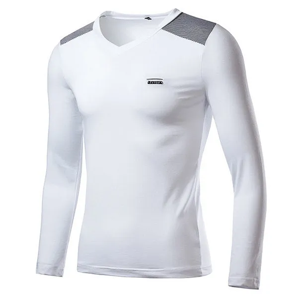 Mens Fashion Slim Color Block V-neck Long Sleeve Casual T-Shirt