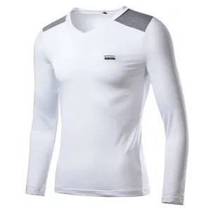 Mens Fashion Slim Color Block V-neck Long Sleeve Casual T-Shirt