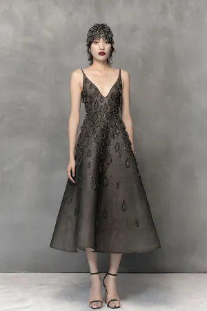 Midi A-Line Dress with Plunging V-Neckline