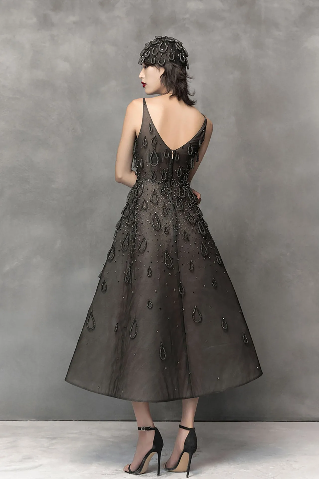 Midi A-Line Dress with Plunging V-Neckline