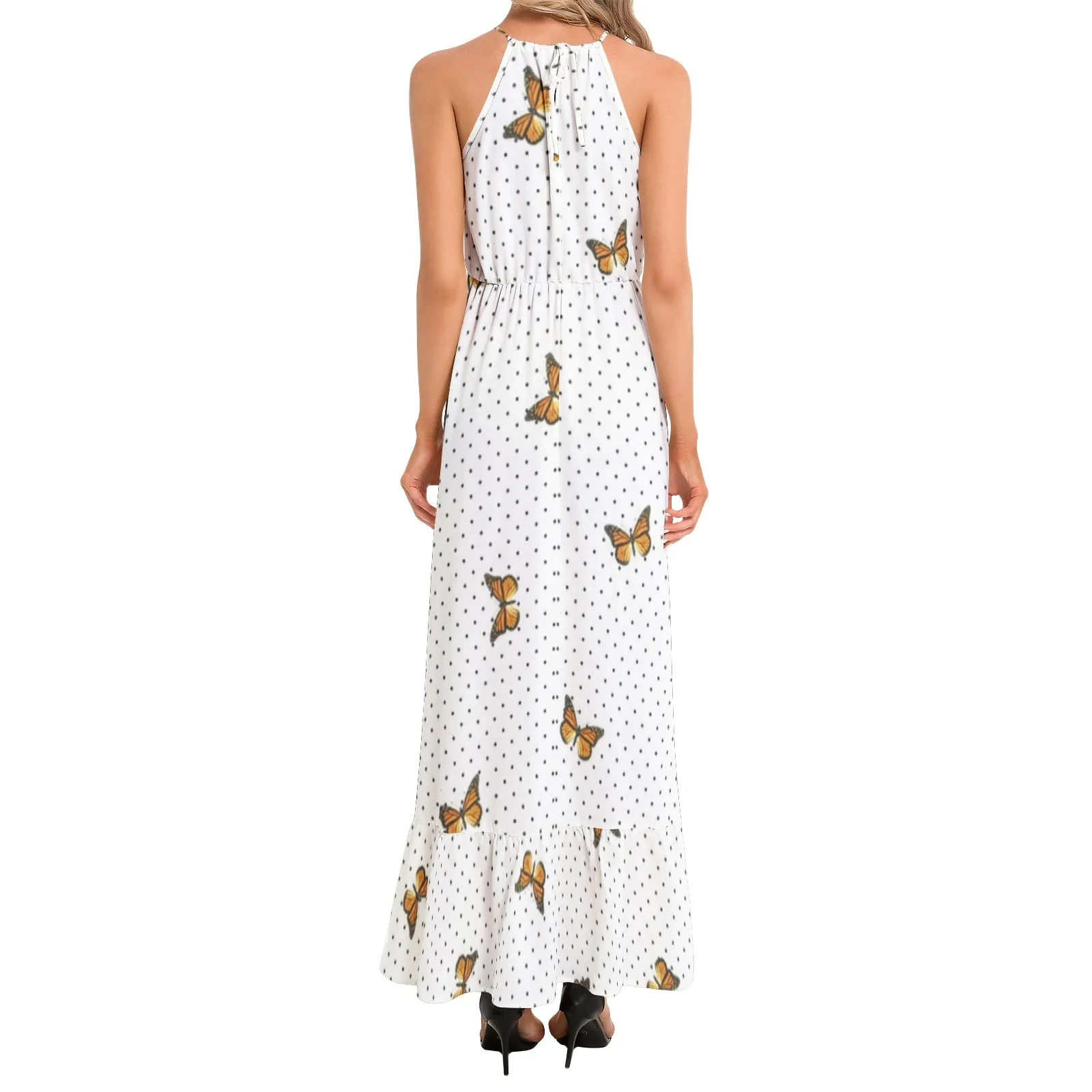 Monarch Butterfly and Polka Dot Print Ruffle Hem Halter Neck Maxi Dress