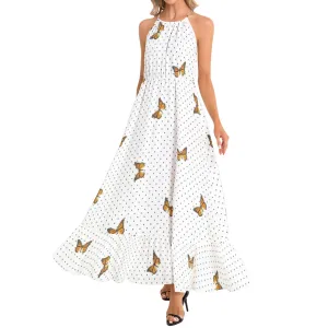 Monarch Butterfly and Polka Dot Print Ruffle Hem Halter Neck Maxi Dress