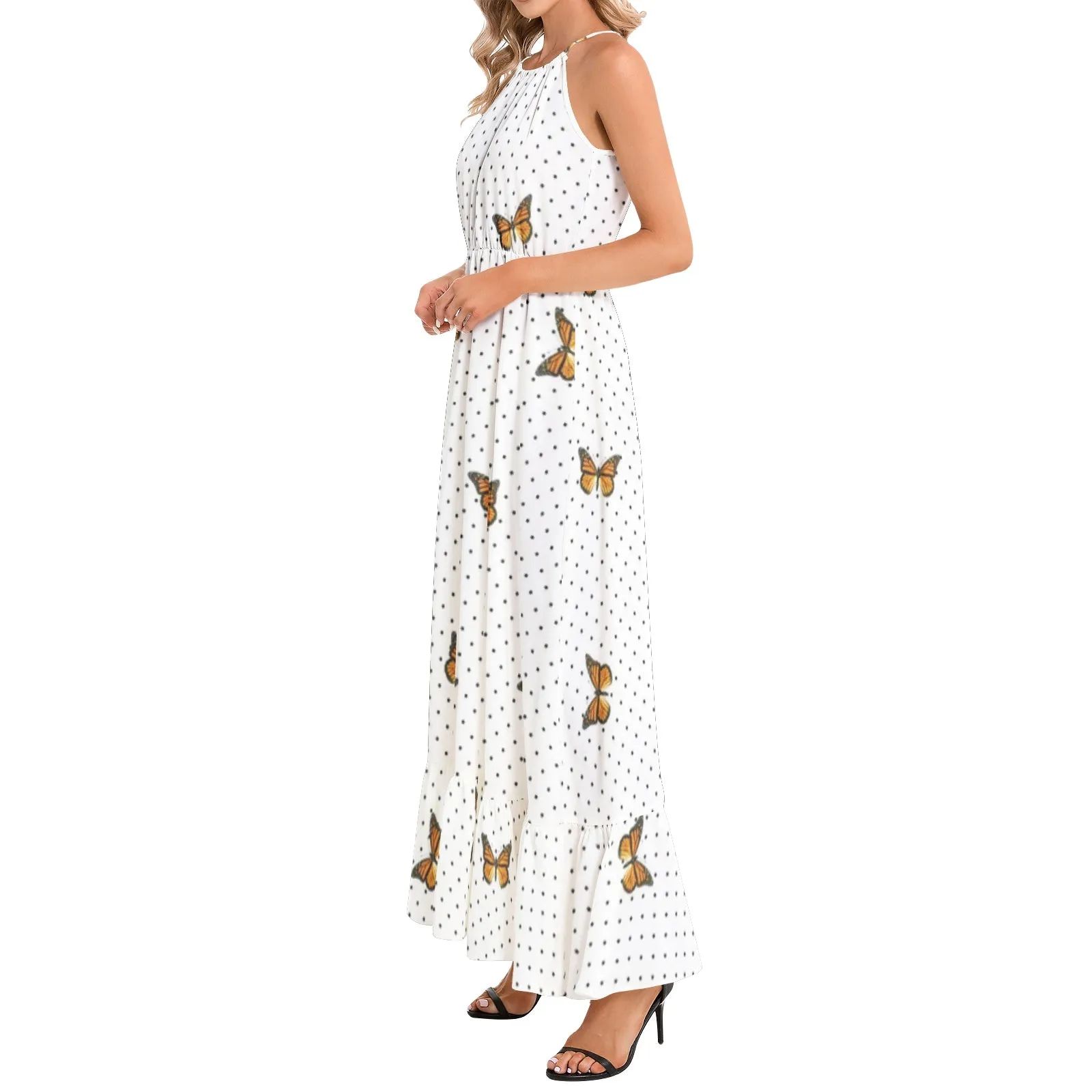 Monarch Butterfly and Polka Dot Print Ruffle Hem Halter Neck Maxi Dress