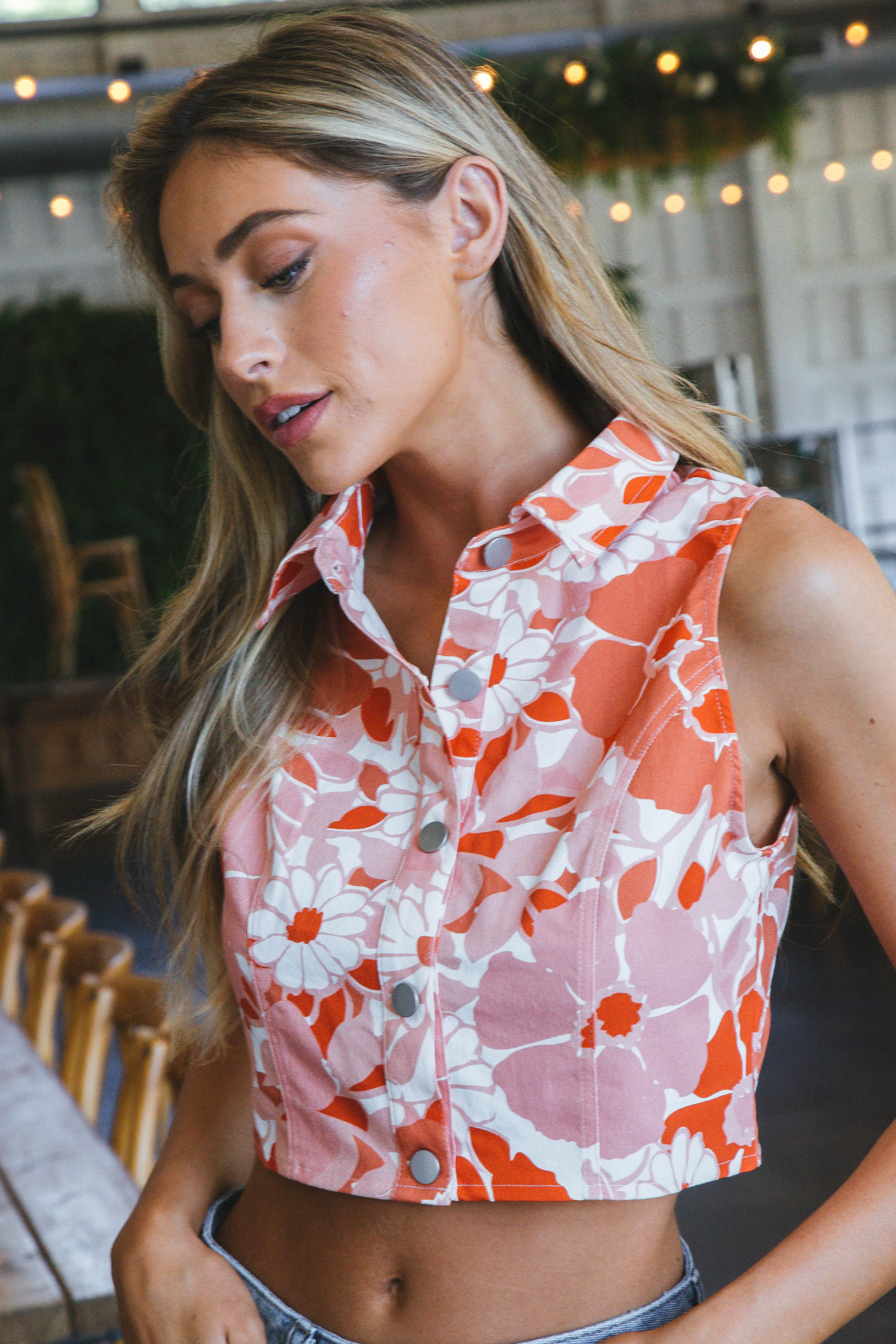 Myla Floral Collared Top, Orange Multi