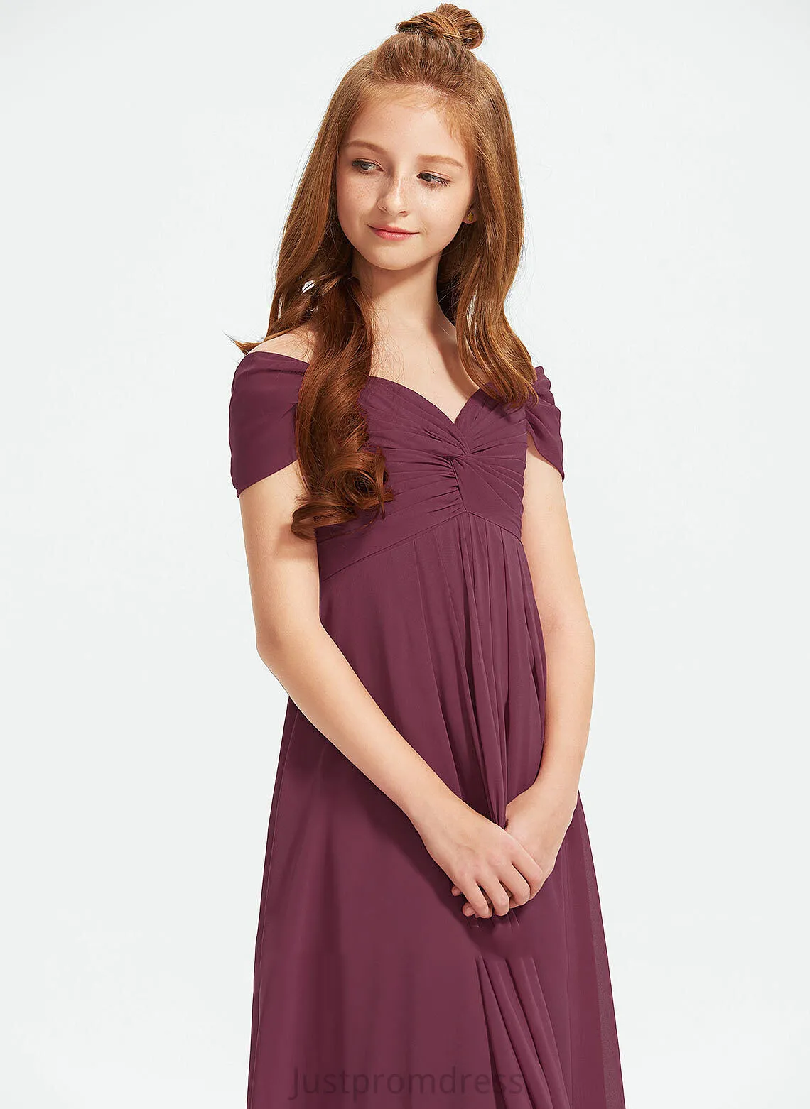 Off-the-Shoulder Ruffle Chiffon Jillian Junior Bridesmaid Dresses With Floor-Length A-Line