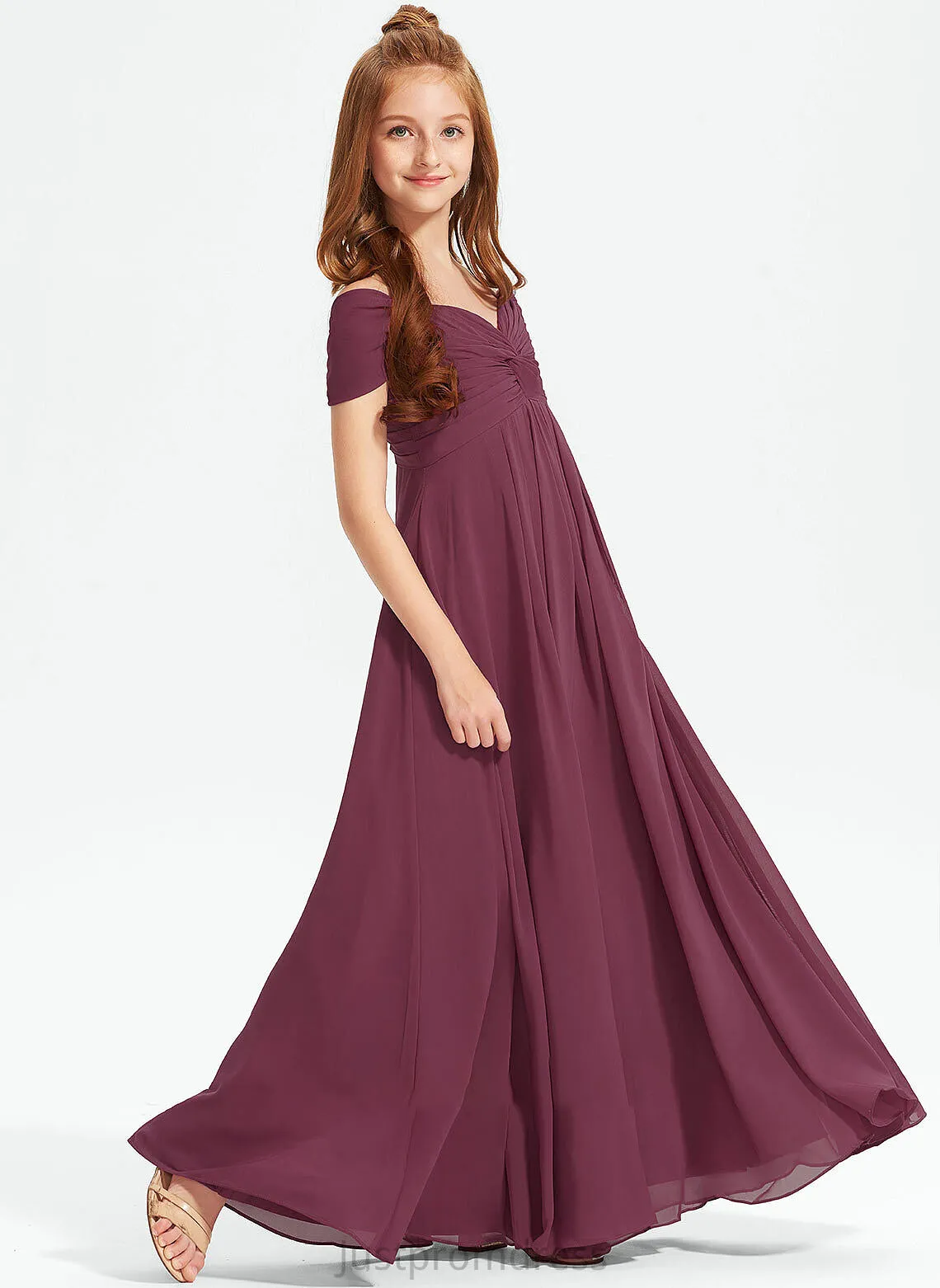 Off-the-Shoulder Ruffle Chiffon Jillian Junior Bridesmaid Dresses With Floor-Length A-Line