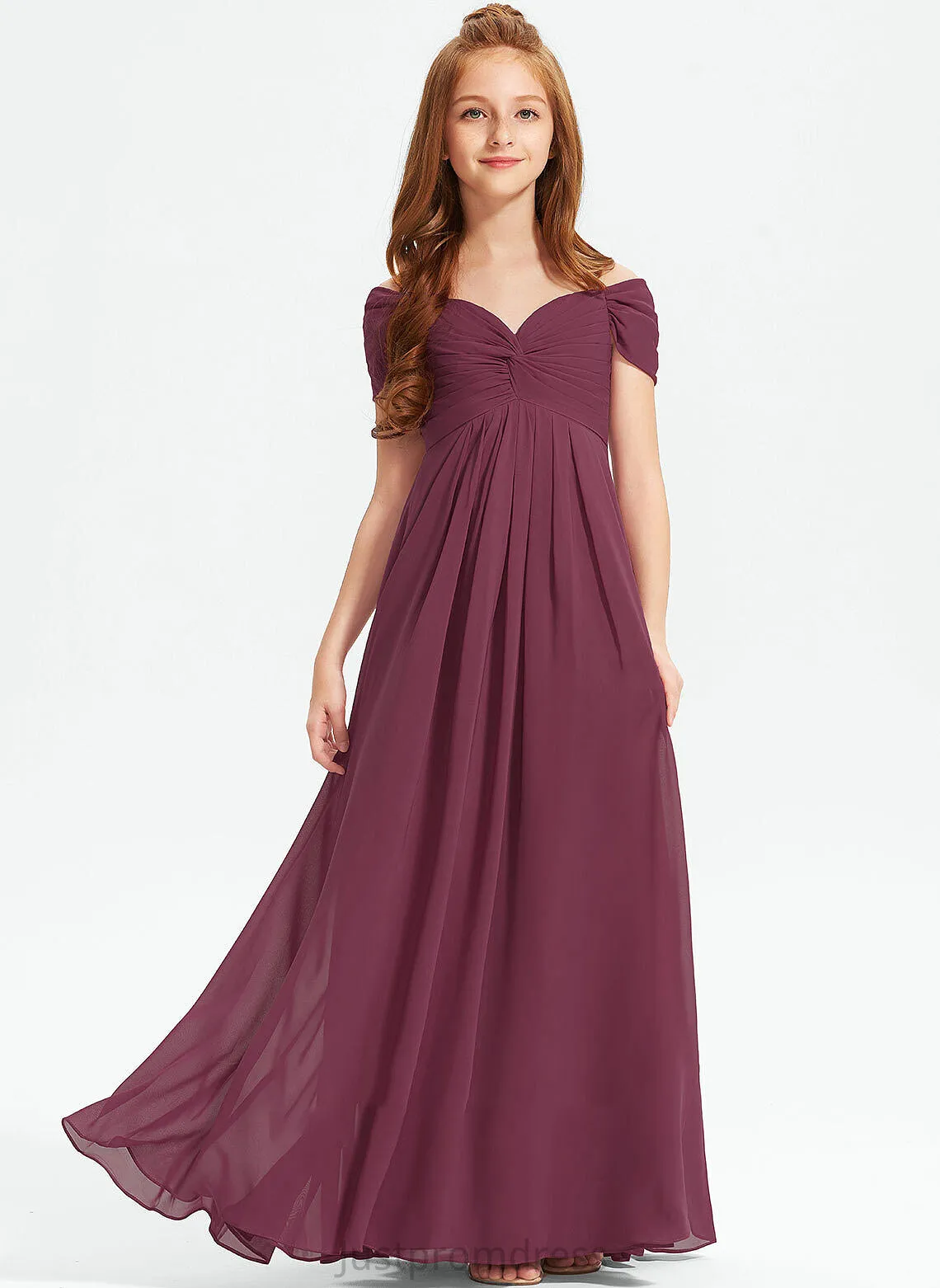 Off-the-Shoulder Ruffle Chiffon Jillian Junior Bridesmaid Dresses With Floor-Length A-Line