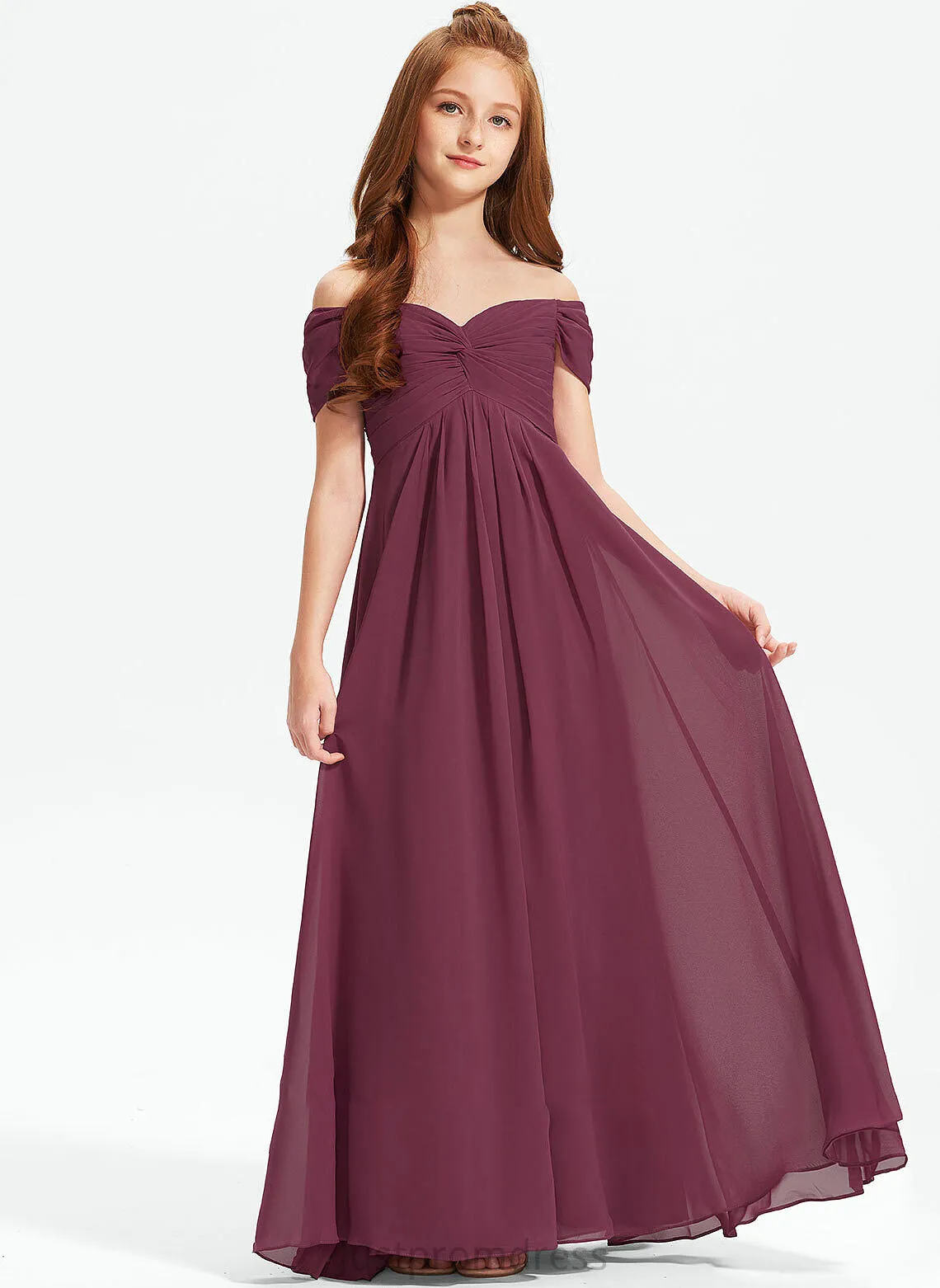 Off-the-Shoulder Ruffle Chiffon Jillian Junior Bridesmaid Dresses With Floor-Length A-Line
