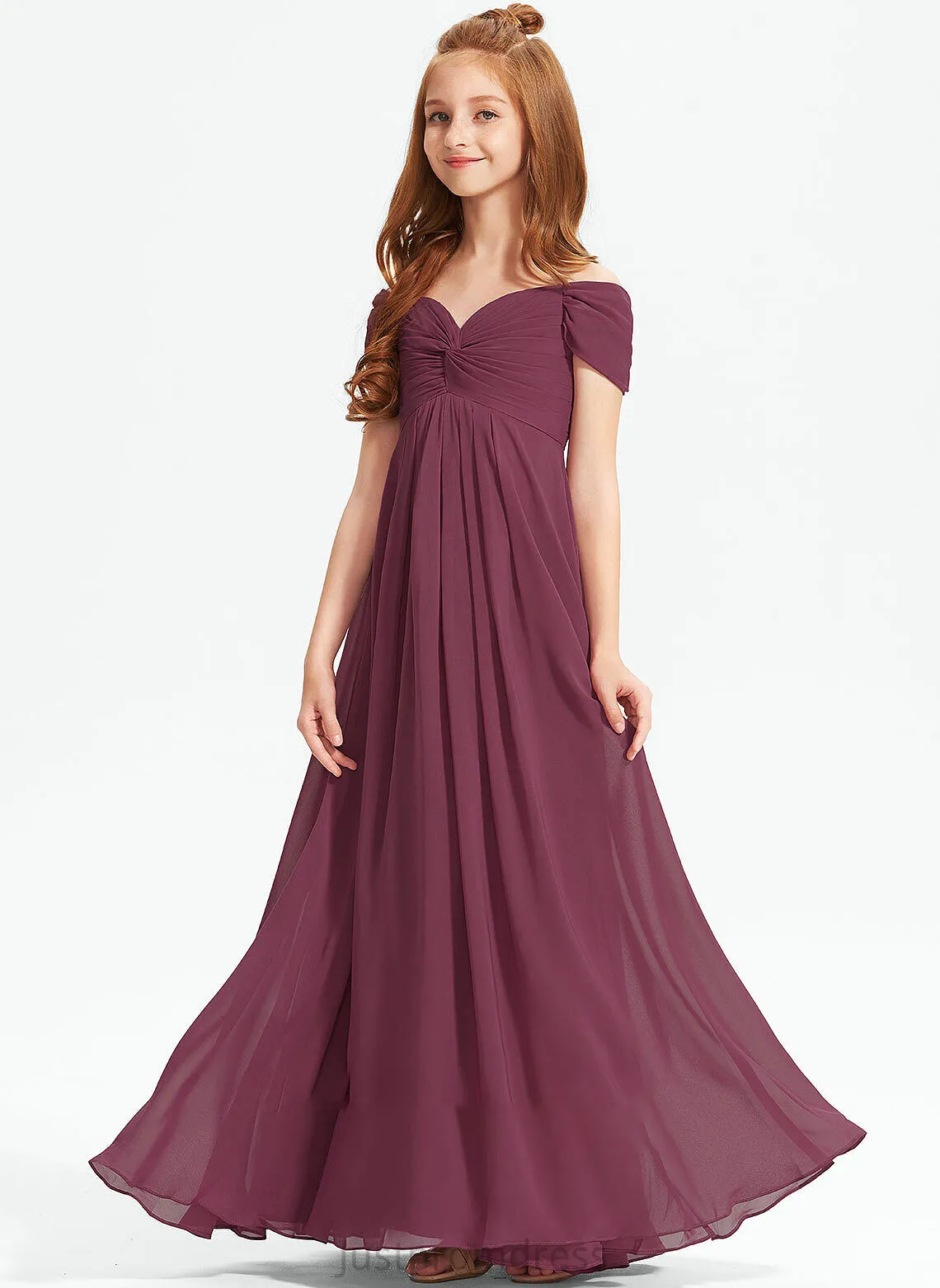 Off-the-Shoulder Ruffle Chiffon Jillian Junior Bridesmaid Dresses With Floor-Length A-Line