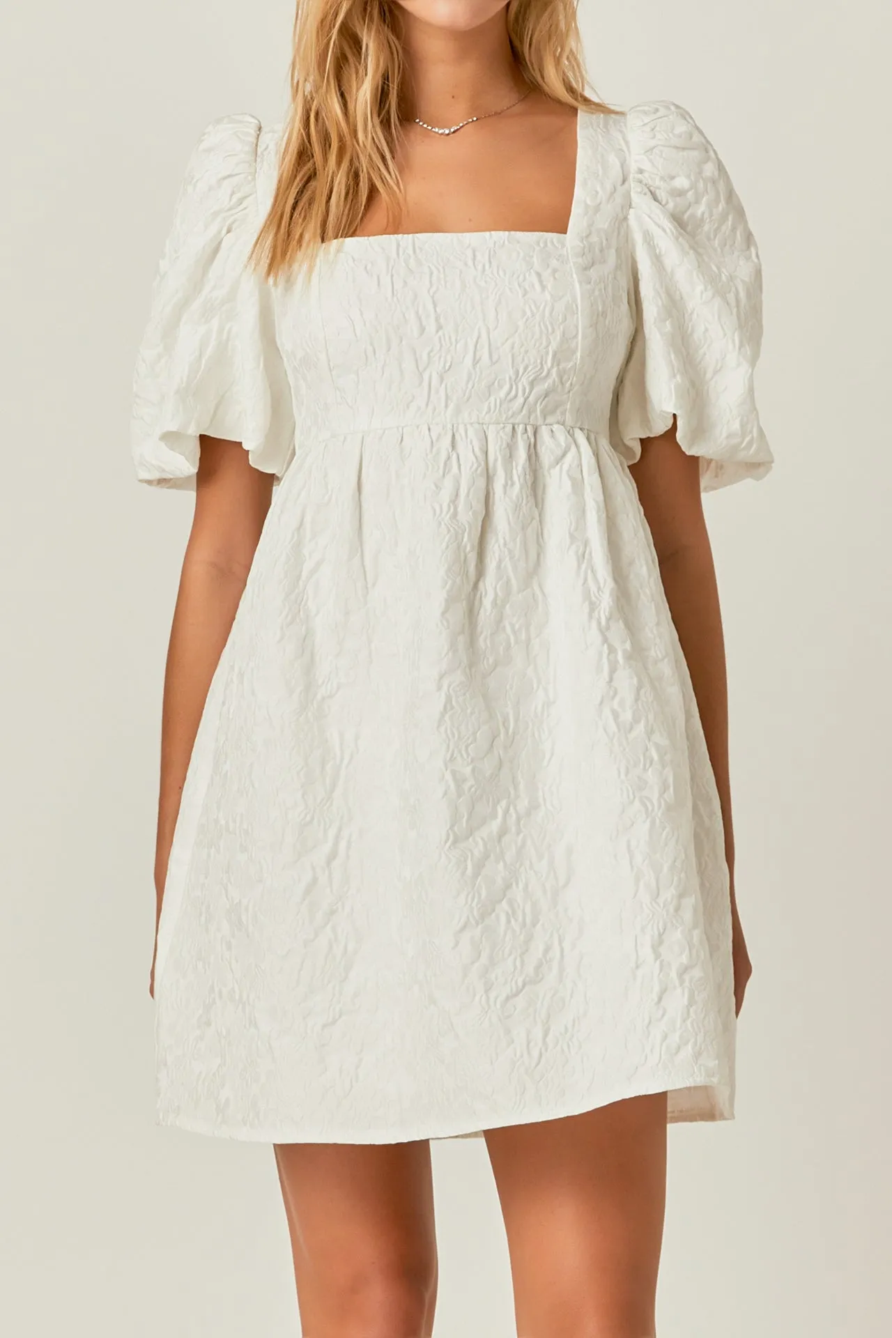 Open Back Floral Jacquard Puff Dress