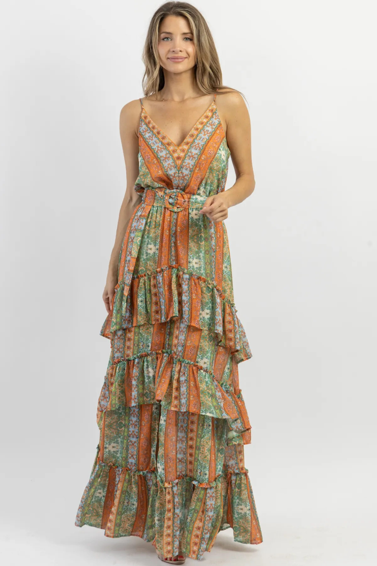 PALERMO BELTED PATTERN MAXI DRESS