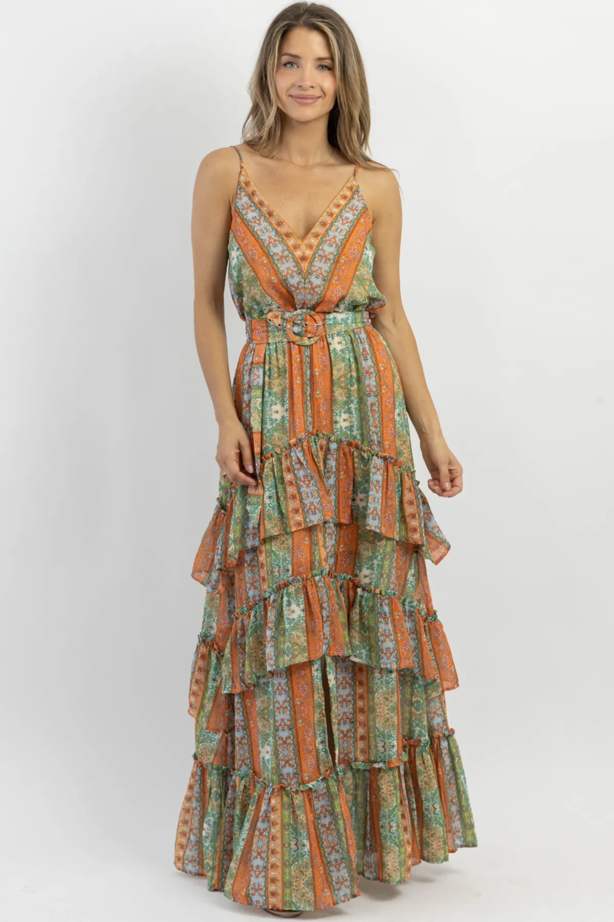 PALERMO BELTED PATTERN MAXI DRESS