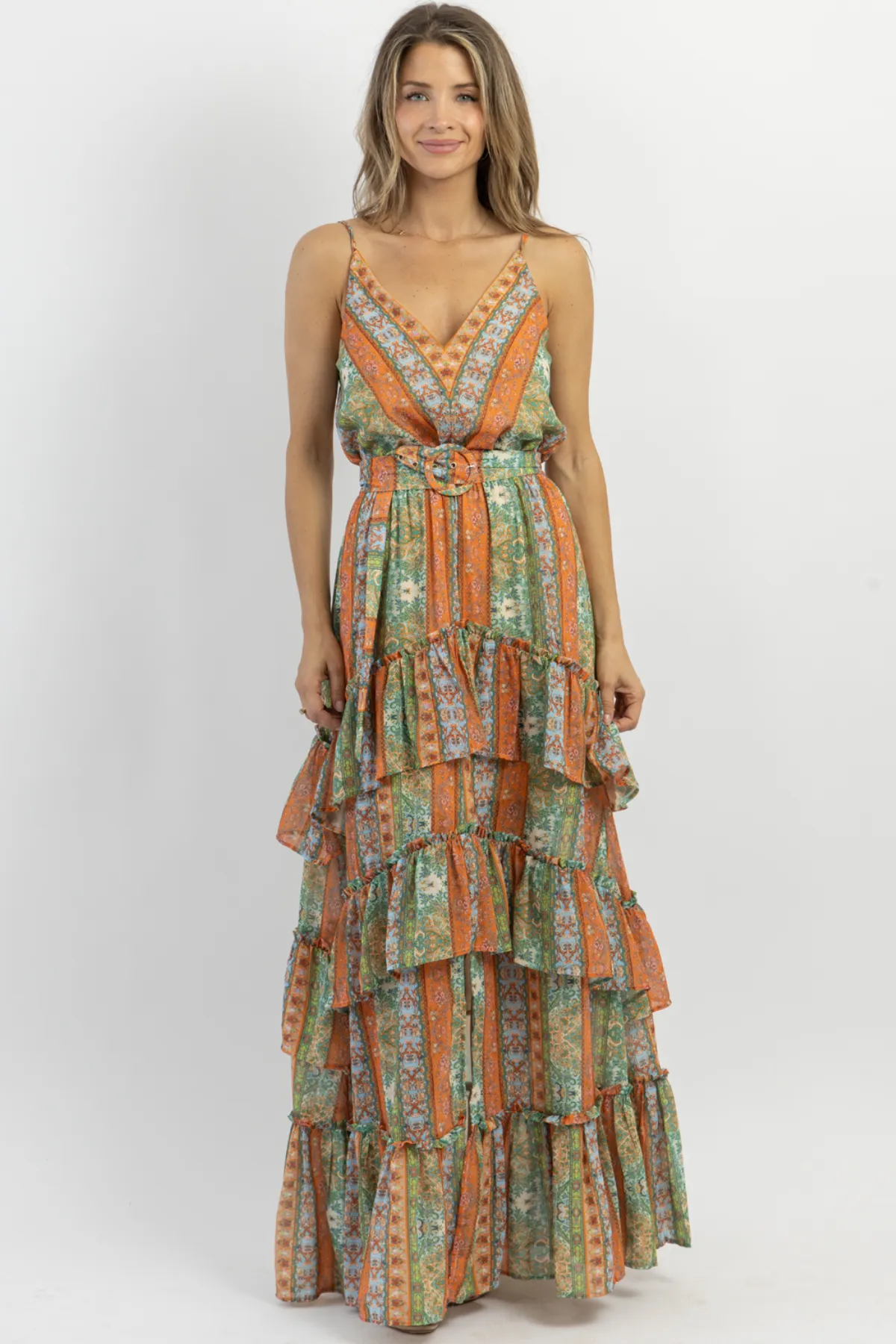PALERMO BELTED PATTERN MAXI DRESS