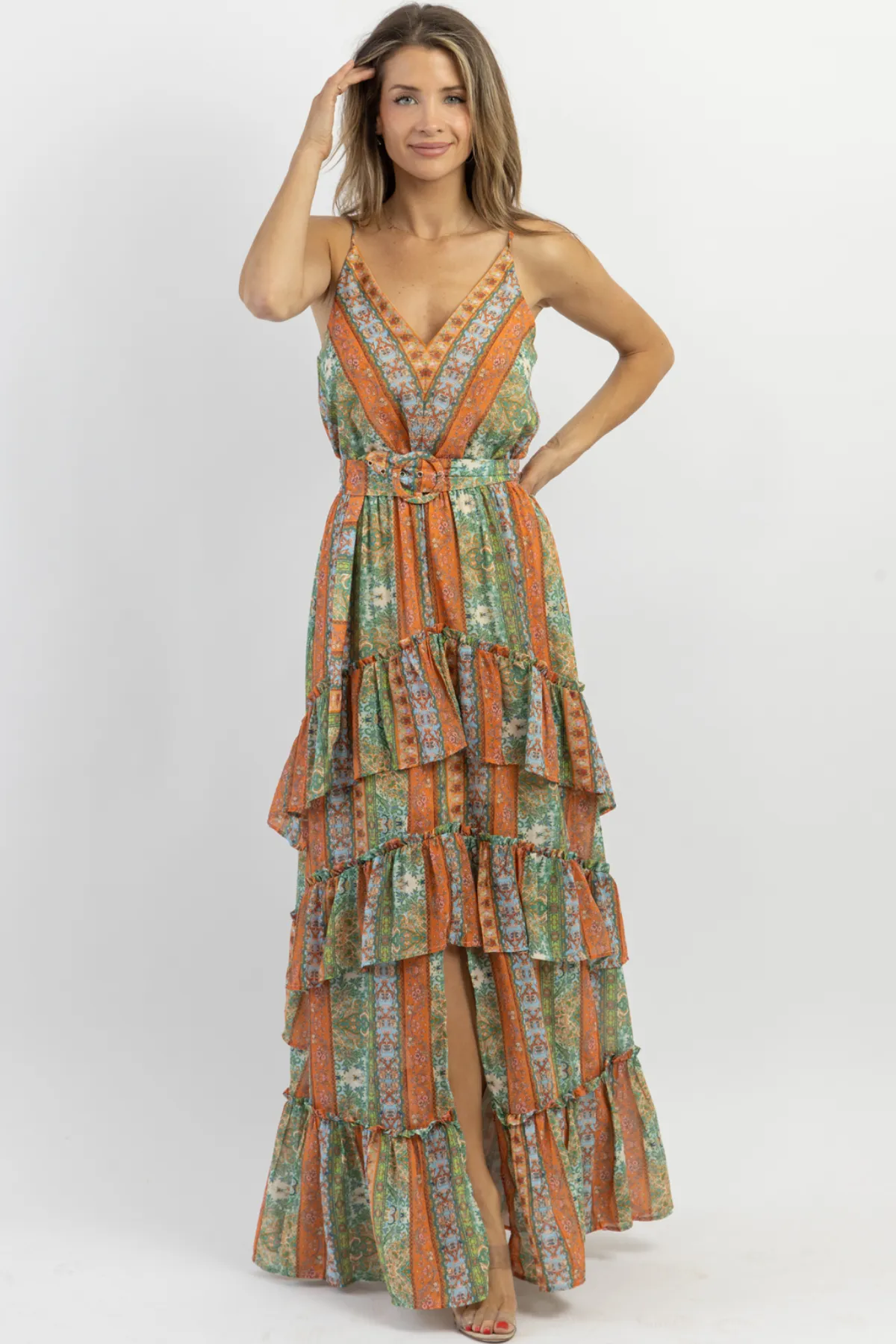 PALERMO BELTED PATTERN MAXI DRESS