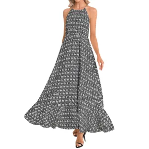 Periodic Table Print Ruffle Hem Halter Neck Maxi Dress