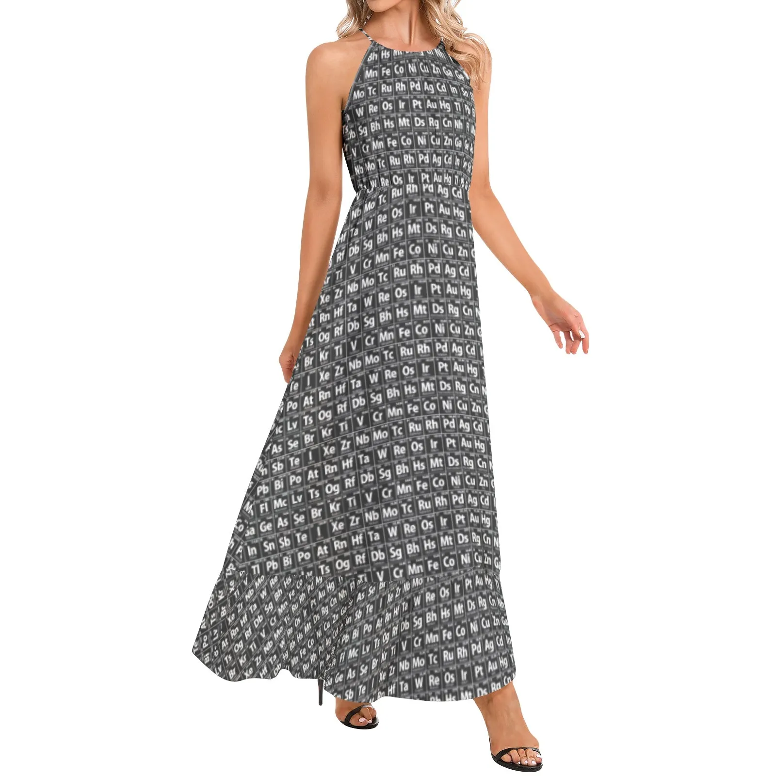 Periodic Table Print Ruffle Hem Halter Neck Maxi Dress