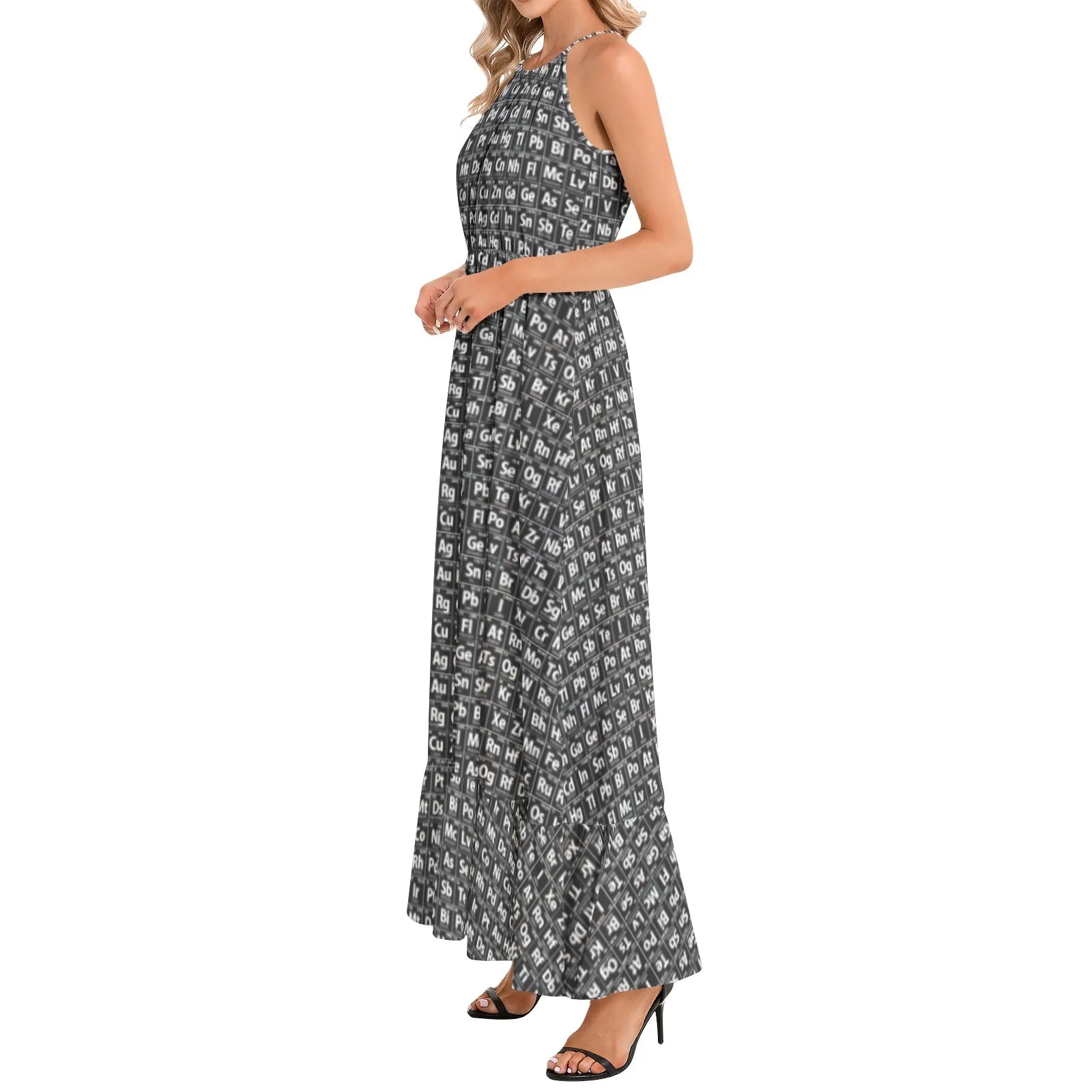 Periodic Table Print Ruffle Hem Halter Neck Maxi Dress
