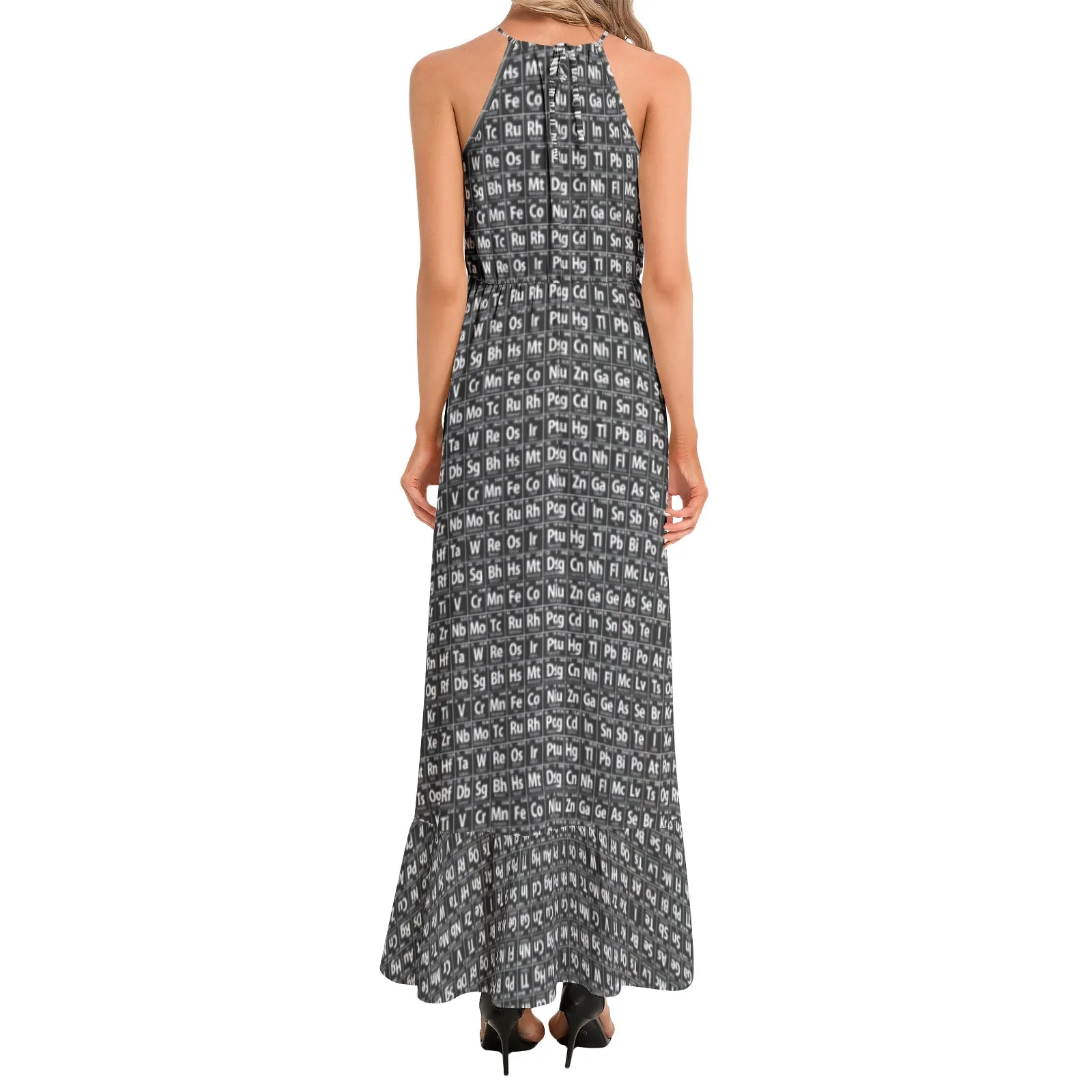Periodic Table Print Ruffle Hem Halter Neck Maxi Dress