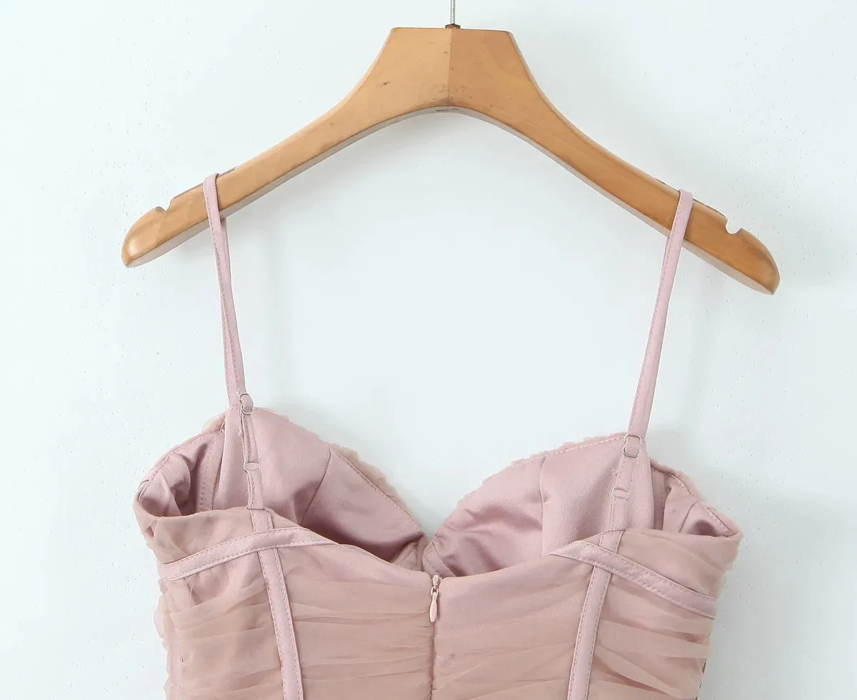 Pink Tulle Spaghetti Strap Mini Dress