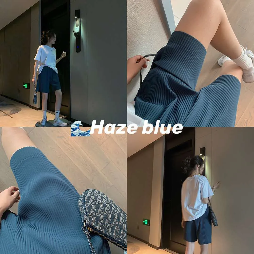 Pleated Wide Leg Chiffon Shorts Women All-Matching Korean High Waist Slim Look Outdoor Loose Ice Silk Pants Bermuda Shorts