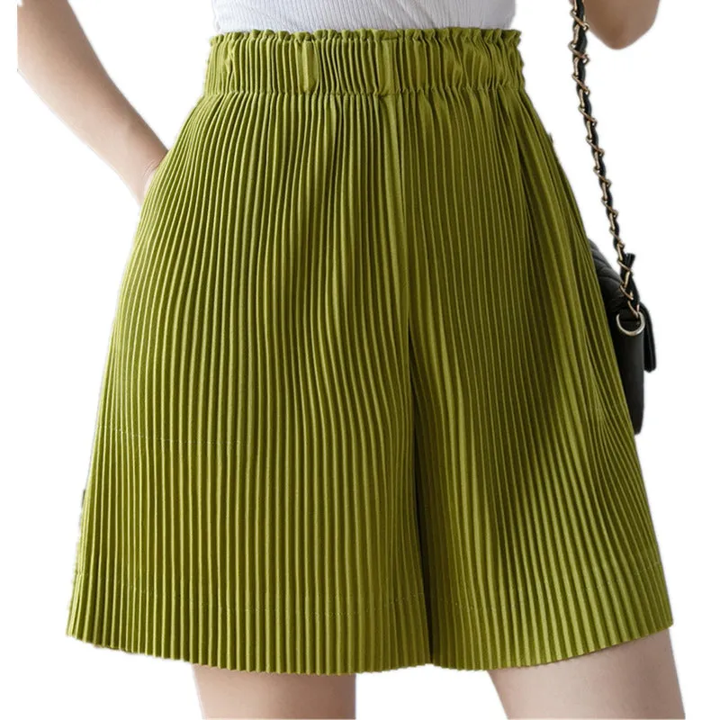 Pleated Wide Leg Chiffon Shorts Women All-Matching Korean High Waist Slim Look Outdoor Loose Ice Silk Pants Bermuda Shorts