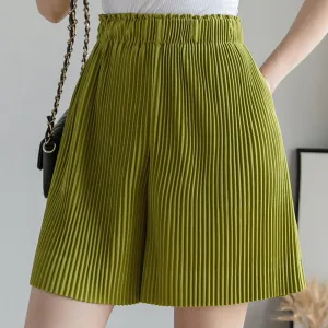 Pleated Wide Leg Chiffon Shorts Women All-Matching Korean High Waist Slim Look Outdoor Loose Ice Silk Pants Bermuda Shorts