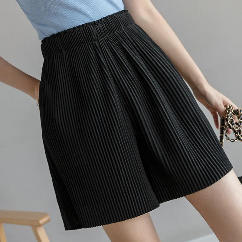 Pleated Wide Leg Chiffon Shorts Women All-Matching Korean High Waist Slim Look Outdoor Loose Ice Silk Pants Bermuda Shorts