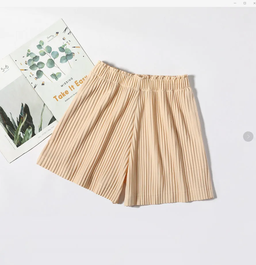 Pleated Wide Leg Chiffon Shorts Women All-Matching Korean High Waist Slim Look Outdoor Loose Ice Silk Pants Bermuda Shorts