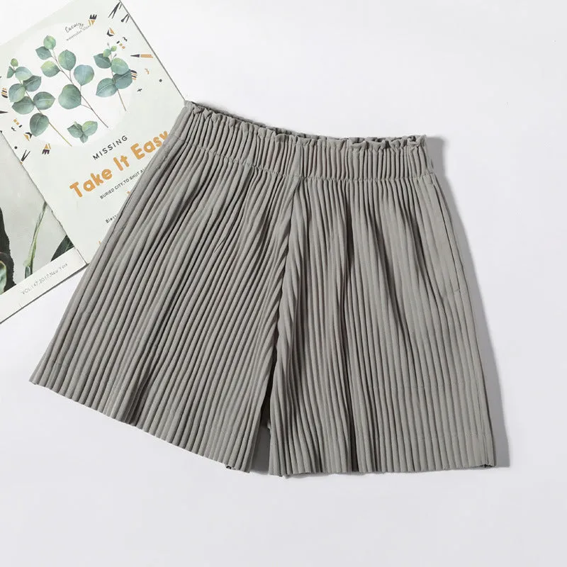 Pleated Wide Leg Chiffon Shorts Women All-Matching Korean High Waist Slim Look Outdoor Loose Ice Silk Pants Bermuda Shorts