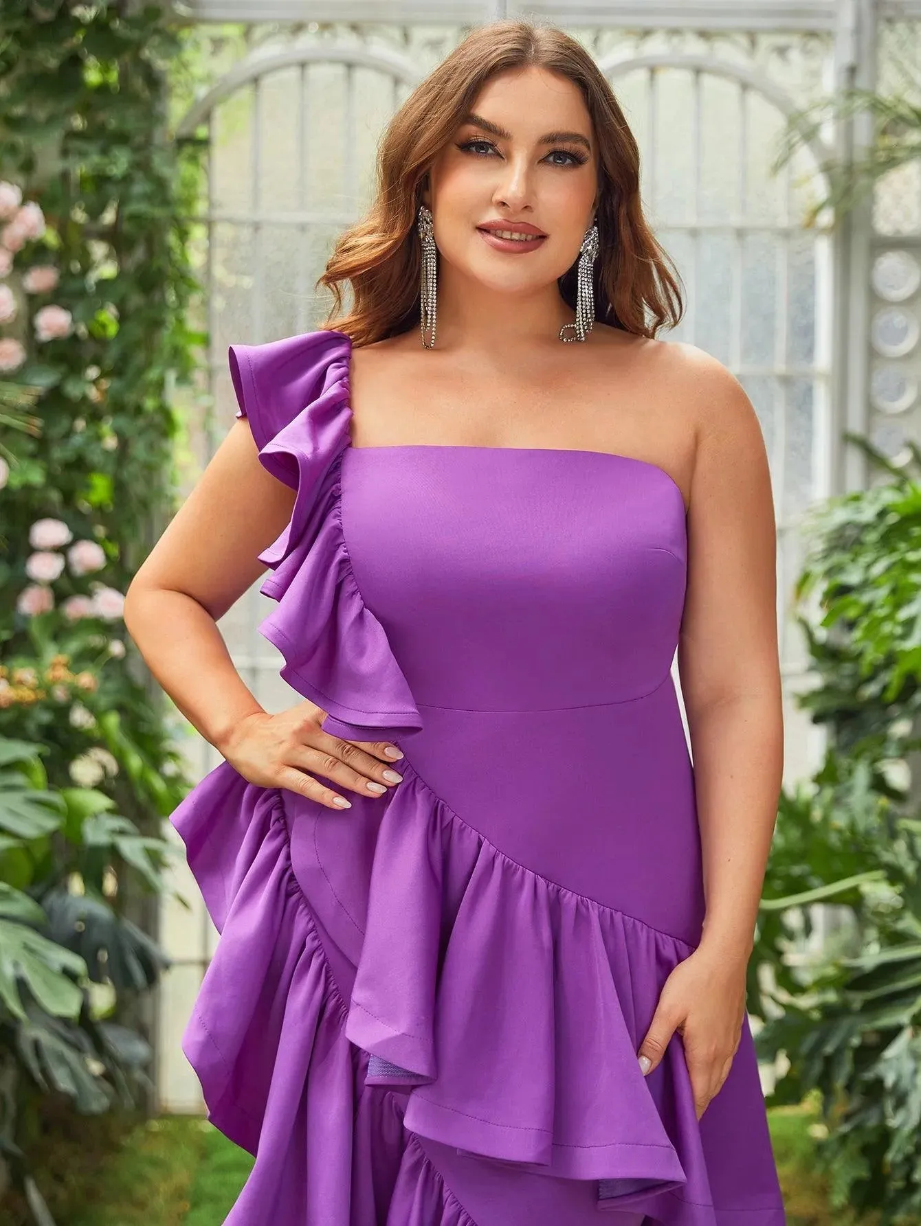 Plus Ruffle Trim Layered Hem Midi Dress