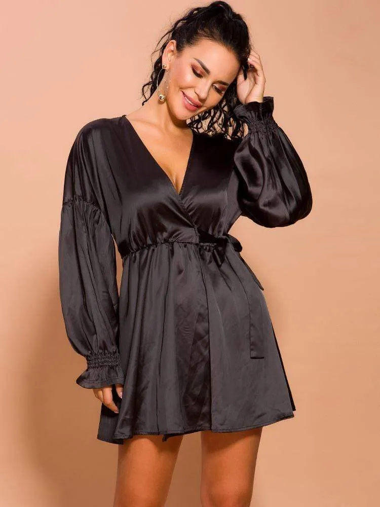Puff Sleeve Loose Mini Satin Dress