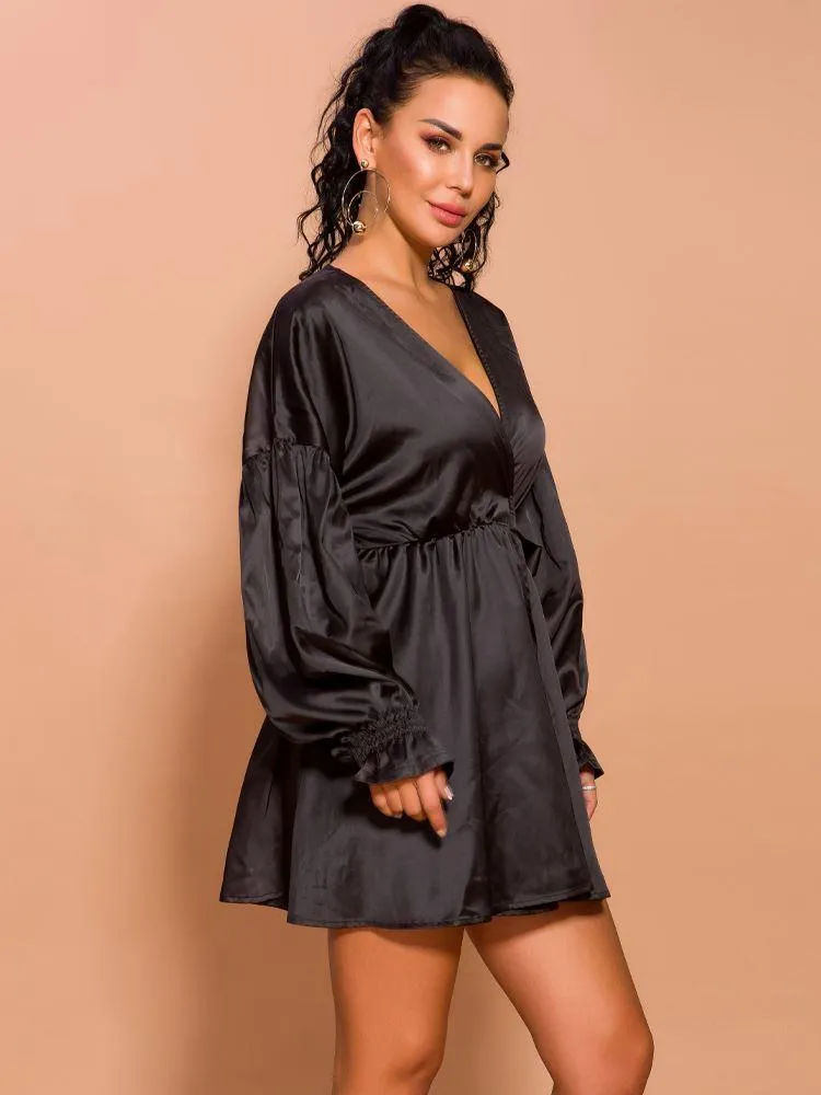 Puff Sleeve Loose Mini Satin Dress