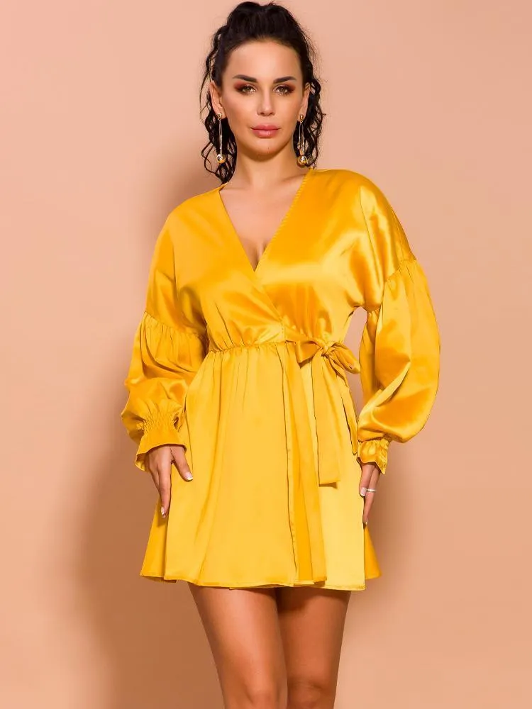 Puff Sleeve Loose Mini Satin Dress
