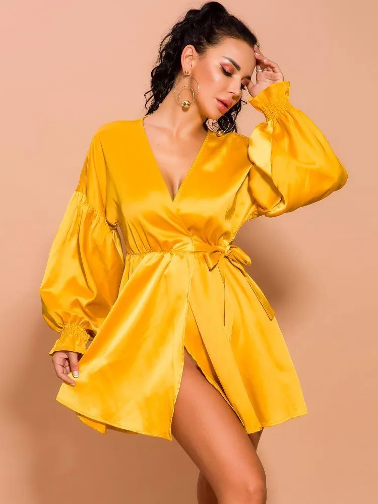 Puff Sleeve Loose Mini Satin Dress