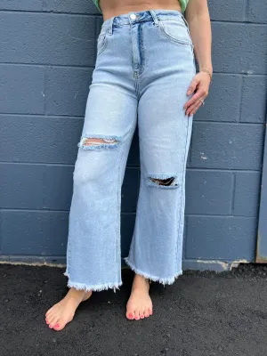Risen High Rise Frayed Ankle Wide Jeans
